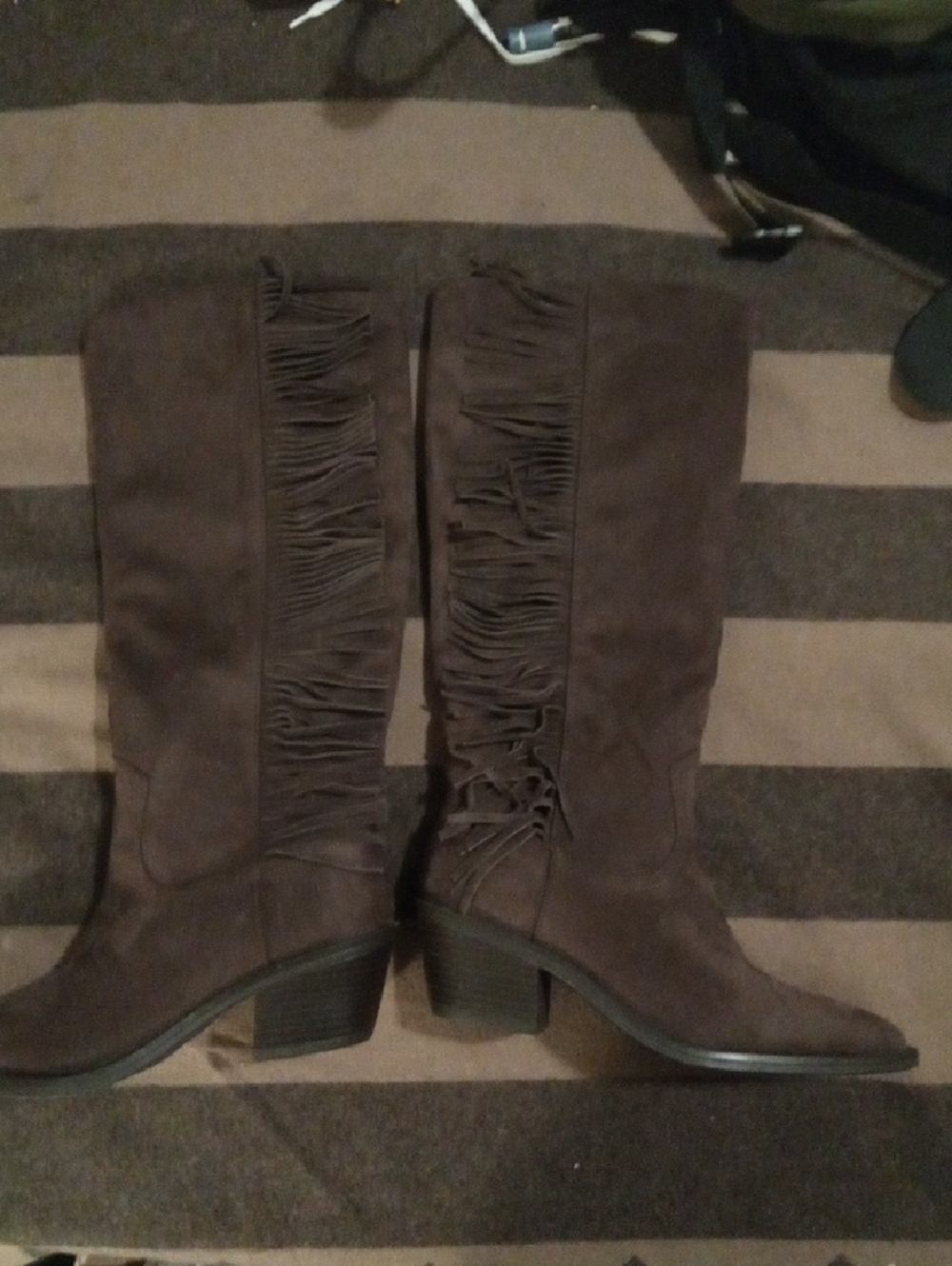 Fringed Knee-High Heeled Boots in Dark Brown